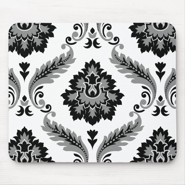Alfombrilla De Ratón Rococo Damask Patrón Grande Gris Negro Blanco (Frente)