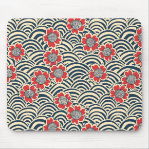 Alfombrilla De Ratón Rojas Sakura Marina Ola Crema Patrón Japonés