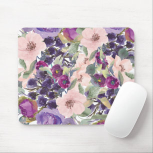 Alfombrilla De Ratón Rojizo Rosa Púrpura Aquarela Floral Hojas Verdes
