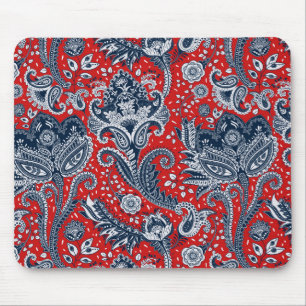 Alfombrilla De Ratón Rojo Blanco & Azul Floral Paisley Boho Bohemio