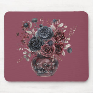 Alfombrilla De Ratón Rojo Borgoña Flores Negras Belleza Es