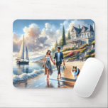 Alfombrilla De Ratón Romantic Coastal Cottage Sunset Stroll<br><div class="desc">This enchanting coastal scene captures a dreamy sunset stroll along a golden shoreline, where soft waves kiss the sand and warm light dances across the water. A stylish couple walks hand in hand beside a fluffy companion, their silhouettes glowing against a pastel sky brushed with blush, apricot, and powder blue...</div>