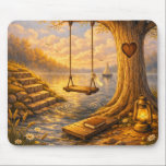 Alfombrilla De Ratón Romantic Lakeside Tree Swing Mouse Pad<br><div class="desc">Add a peaceful, heartfelt touch to your workspace with this beautiful mouse pad featuring a wooden swing hanging from a large tree beside a glowing lakeside at sunset. Warm golden light reflects across the water while a small sailboat, stone steps, daisies, and a lantern create a cozy storybook atmosphere. The...</div>