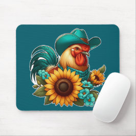 Alfombrilla De Ratón Rooster con Gorra Verde azulado y girasoles