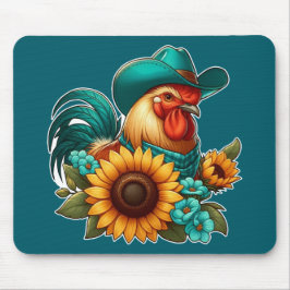 Alfombrilla De Ratón Rooster con Gorra Verde azulado y girasoles