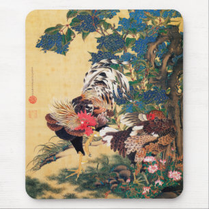 Alfombrilla De Ratón Rooster y Hen con Hydrangeas de Ito Jakuchu