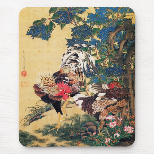 Alfombrilla De Ratón Rooster y Hen con Hydrangeas de Ito Jakuchu (Frente)