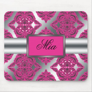 Alfombrilla De Ratón Rosa adornado del damasco, negro, plata