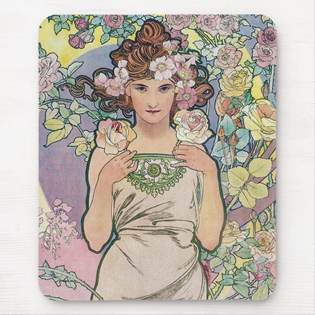 Alfombrilla De Ratón Rosa (Cuatro Flores), Alphonse Mucha (Frente)