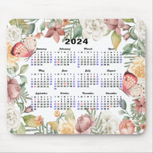 Alfombrilla De Ratón rosa de calendario 2024 Vegetación floral Mariposa
