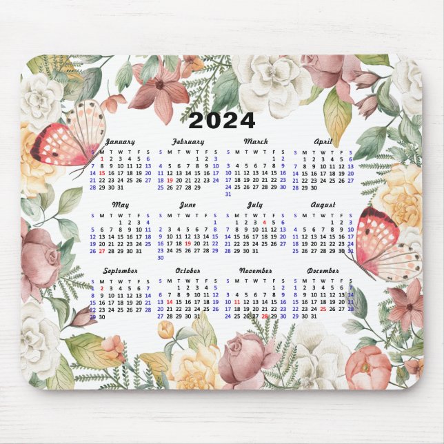 Alfombrilla De Ratón rosa de calendario 2024 Vegetación floral Mariposa (Frente)