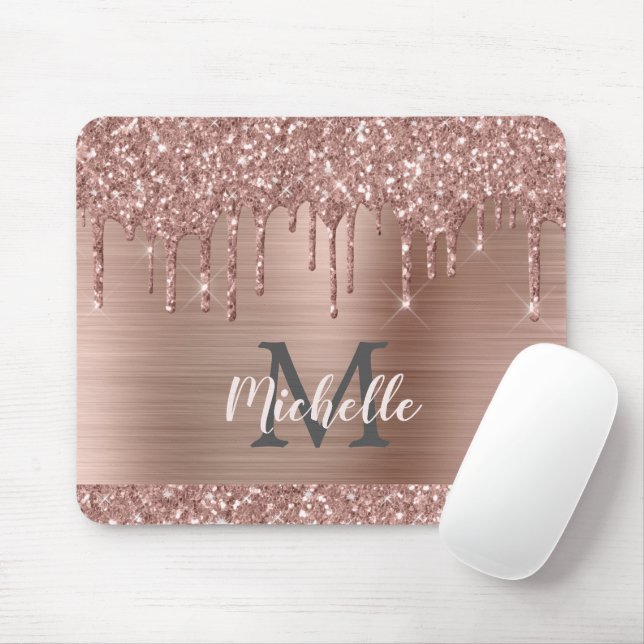 Alfombrilla De Ratón Rosa de Oro Purpurina gotea con nombre Metalizado  (Con ratón)