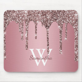 Alfombrilla De Ratón Rosa Dorado Glitter Monograma Nombre con Goteo