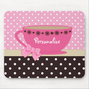 Alfombrilla De Ratón Rosa femenino de la taza de té y arco y nombre de