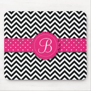 Alfombrilla De Ratón Rosa femenino del monograma blanco negro elegante