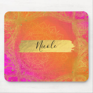 Alfombrilla De Ratón Rosa Fucsia Naranja y Dorado Glam Mandala Indio