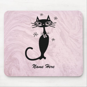 Alfombrilla de ratón rosa gato negro atómico retro