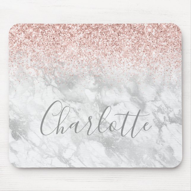 Alfombrilla De Ratón Rosa gris oro Plata Purpurina Marble Nombre (Frente)
