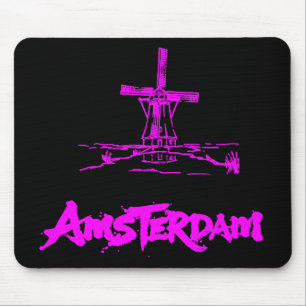 Alfombrilla De Ratón Rosa Neon Molino de Viento Amsterdam Boceto Modern