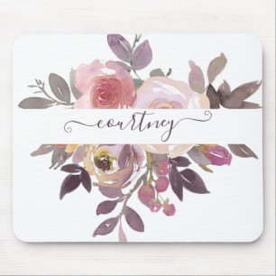 Alfombrilla De Ratón Rosa pastel y floral personalizado morado  