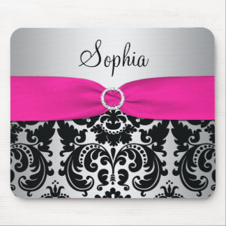Alfombrilla De Ratón Rosa, plata, y damasco negro Mousepad