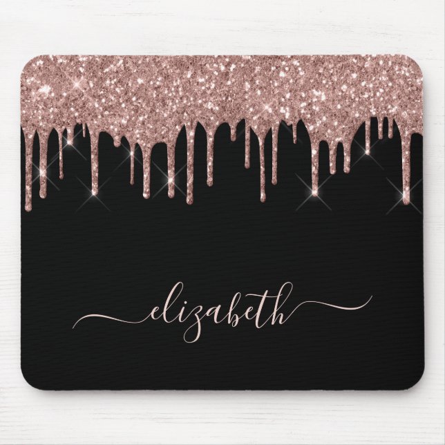 Alfombrilla De Ratón Rosa Purpurina de oro gotea negro personalizado (Frente)