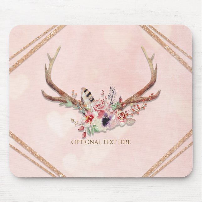 Alfombrilla De Ratón Rosa Rubor Antlers De Cerveza Floral Rosa Boho Mod (Frente)