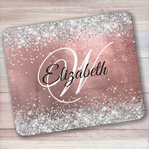 Alfombrilla De Ratón Rosa Rubor con Brillo Plateado Brillante Monograma