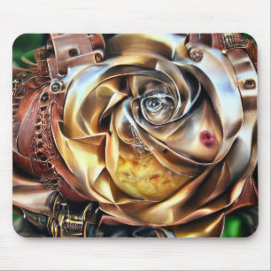 Alfombrilla De Ratón Rosa Steampunk con cara surrealista - Flor mecánic