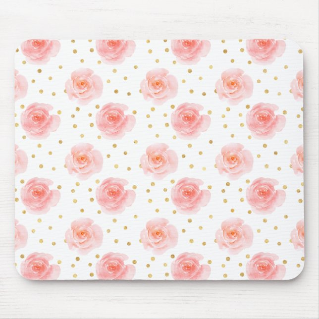 Alfombrilla De Ratón Rosas de acuarela rosa de Confetti dorado (Frente)