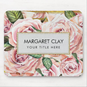Alfombrilla De Ratón Rosas de la acuarela con las rayas del purpurina