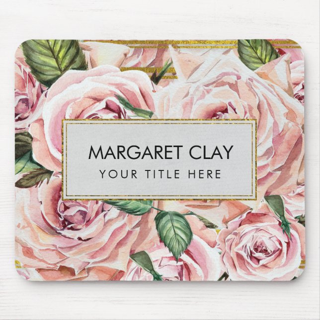 Alfombrilla De Ratón Rosas de la acuarela con las rayas del purpurina (Frente)