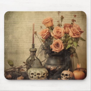 Alfombrilla De Ratón Rosas Macabras Vintage Calaveras Sepia