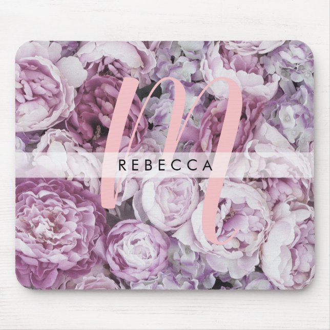 Alfombrilla De Ratón Rosas Peonía Floral Rosa Monograma (Frente)