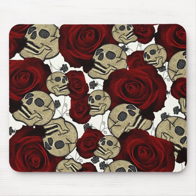 Alfombrilla De Ratón Rosas Rojas y Calaveras Flores Negras Gótico Blanc (Frente)