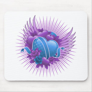 Alfombrilla De Ratón Rosas y alas del corazón azul