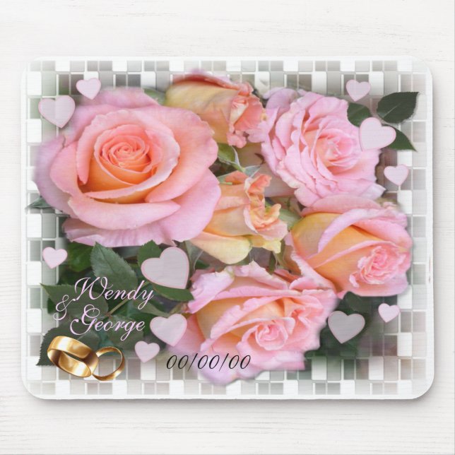 Alfombrilla De Ratón Rosas y corazones: Boda Mousepad (Frente)