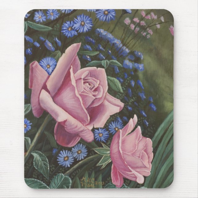 Alfombrilla De Ratón Rosas y flores rosados Mousepad del azul (Frente)