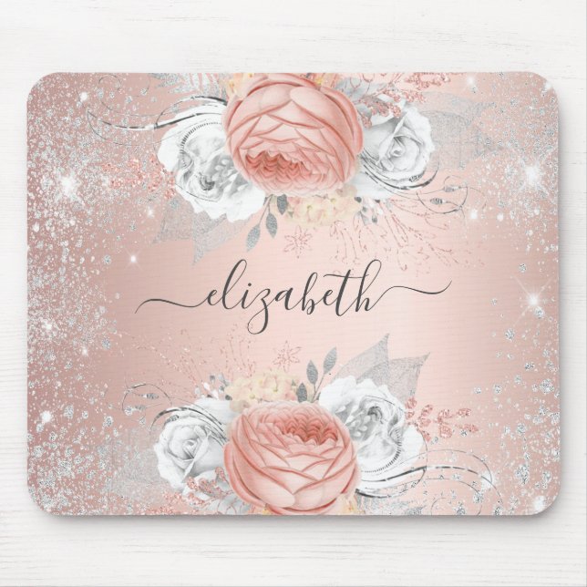 Alfombrilla De Ratón Rose gold floral silver glitter monogram name (Frente)