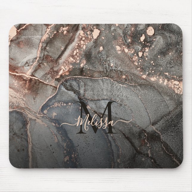 Alfombrilla De Ratón Rose Gold Gray Ink Marble Monogram  (Frente)