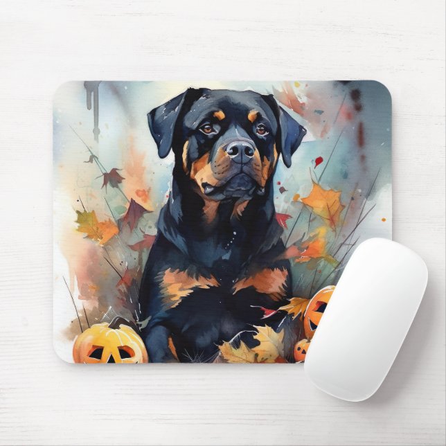 Alfombrilla De Ratón Rottweiler de Halloween con calabazas aterradoras (Con ratón)
