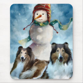 Alfombrilla De Ratón Rough Collie con Navidades Snowman