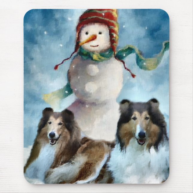 Alfombrilla De Ratón Rough Collie con Navidades Snowman (Frente)
