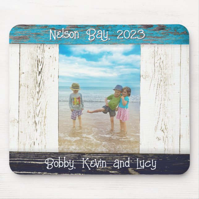 Alfombrilla De Ratón Rustic Blue White Beach Wood Photo Frame (Frente)