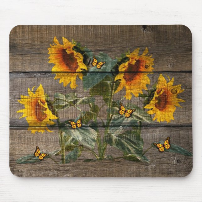 Alfombrilla De Ratón Rustic Sunflowers Butterflies Barn Board (Frente)