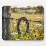 Alfombrilla De Ratón Rusty Horseshoe on Barbed Wire Fence<br><div class="desc">An old horseshoe is hanging on a rusty barbed wire fence surrounded by Queen Anne's Lace and black-eyed Susan wildflowers in a country field</div>