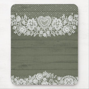 Alfombrilla De Ratón Sage Green Rustic Wood & White Lace Lacy Farmhouse