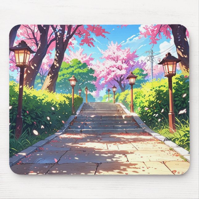 Alfombrilla De Ratón Sakura Blossom Path PastelLandscape Anime Mousepad (Frente)