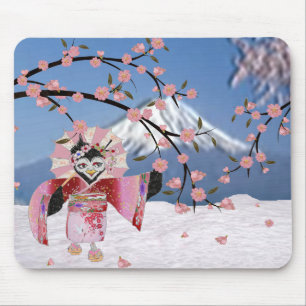 Alfombrilla De Ratón Sakura Geisha Pájaro en la Nieve Flor de Cerezo