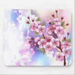 Alfombrilla De Ratón Sakura rosa sobre fondo de pintura<br><div class="desc">Dibujado artísticamente,  rama de rosa,  flores de cerezo sobre fondo pintoresco,  texturizado,  pintado con pintura blanca,  rosa y azul. Pink Sakura</div>